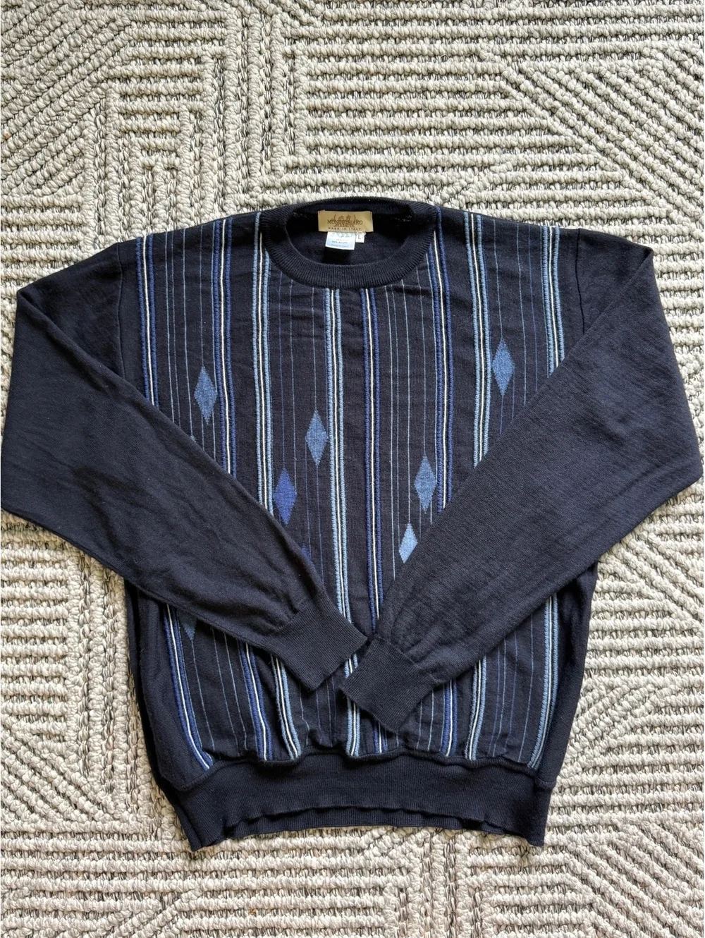 Montechiaro Italy Sweater Mens L Vintage Blue Gray Striped V Neck Cotton/Acrylic